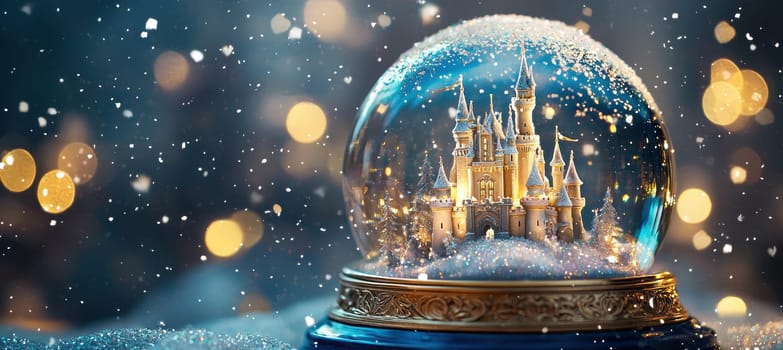 A whimsical snow globe featuring a fairy tale castle enveloped in glittering snow and surrounded by sparkling lights. the royal blue base with golden inlays enhances the enchanting and magical ambiance, ideal for holiday decor.