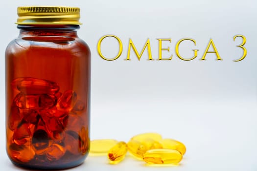 Amber jar filled with Omega-3 capsules, scattered capsules nearby, and a bold "Omega 3" label on a clean white background for health product promotion.