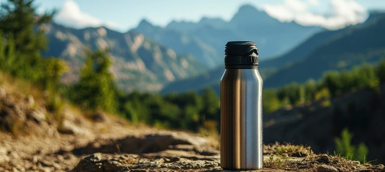 A stainless steel water bottle with a die-cut sticker featuring a bold adventure theme, placed on a rocky path. snow-capped mountains and evergreen trees provide a stunning backdrop, embodying outdoor exploration and natural beauty.