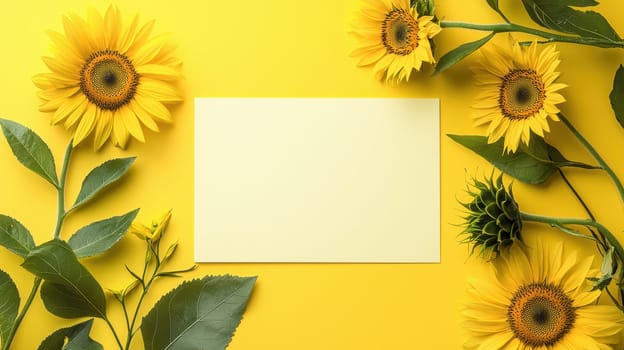 Colorful sunflower illustrated card template featuring vibrant yellow and green watercolor background. includes space for personalized text, perfect for summer greetings, invitations, or cheerful messages. ideal for creative projects.