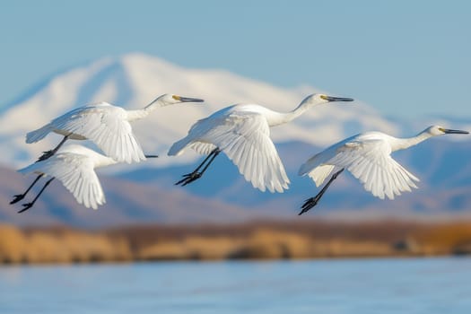 A flock of white birds fly over a mountain range. The birds are in the air and are flying in a line
