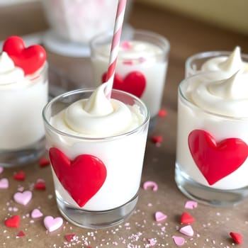 white yogurt cream in glass cups, red hearts, sweets dessert food Valentine's Day holiday love treat gift to friends. High quality photo