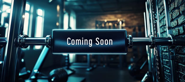 Coming soon banner in a gym setting featuring metallic textures and a sleek weight rack. the background showcases an industrial-style gym ambiance, perfect for fitness campaigns, with glowing text ideal for promotional materials.