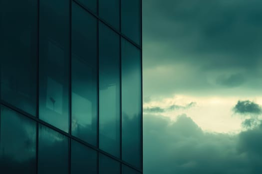 A building with a cloudy sky in the background. The sky is dark and gloomy, and the building is tall and reflective