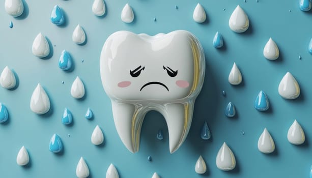 Toothache visualized with a sad tooth surrounded by sensitivity drops on a blue background