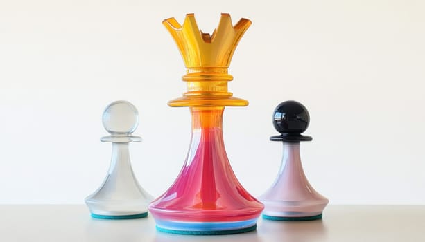 Glass chess pieces with a colorful queen standing tall between two pawns, showcasing strategy and leadership