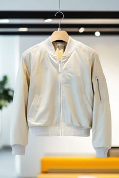 Stylish bomber jacket displayed on a hanger, showcasing fashion and retail trends