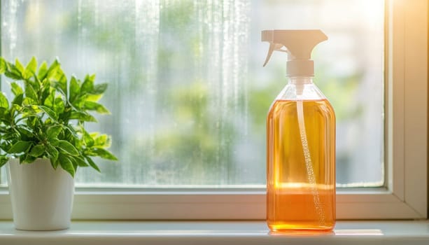 Orange cleaning spray bottle and plant near window with sun flare creating cleaning concept