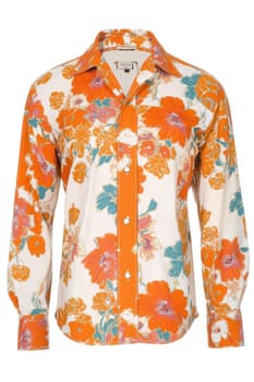 Stylish floral shirt featuring a vibrant orange and green floral pattern on a white background, perfect for adding a touch of nature to any wardrobe