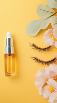 Eyelash growth serum, false eyelashes, and delicate flowers arranged on a vibrant yellow backdrop, creating a stylish beauty flat lay