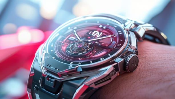 Close up of futuristic wristwatch with visible rotating gears and red accents, showcasing intricate design and precise timekeeping