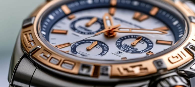 Close up of a luxury chronograph watch highlighting its intricate design, rose gold accents, and precise timekeeping features