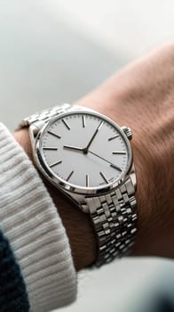 Close up of a modern wristwatch with a white dial and silver hands