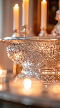 Ornate silver bowl illuminated by warm candlelight, evoking a sense of celebration and elegance