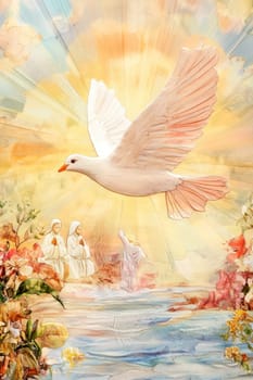 Artistic representation of a religious scene with white dove flying above praying people and river, symbolizing spirituality, faith, and divine presence