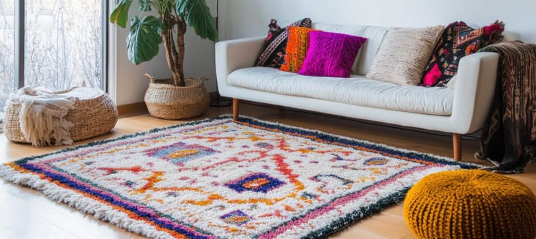 Bright and inviting living room showcasing a vibrant berber carpet, white sofa, and stylish accessories, creating a warm and comfortable atmosphere
