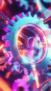 Close up of metallic gears rotating, showcasing complex engineering and futuristic technology with vibrant neon illumination