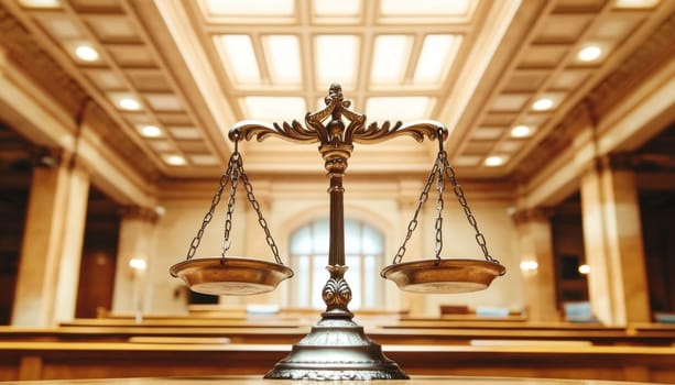 Brass scales symbolize justice and legal proceedings in a courtroom setting, representing fairness, equality, and the pursuit of truth