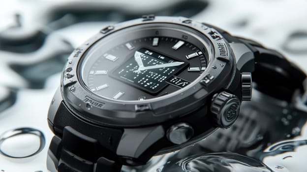 Stylish waterproof watch getting splashed with water, showcasing its durability and resilience