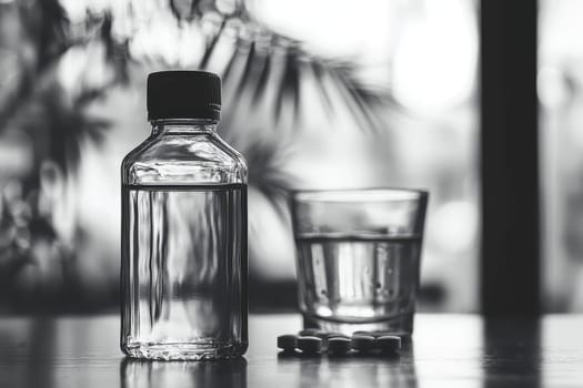 A bottle of pills and a glass of water sit on a table. The bottle is half full and the glass is almost empty. Concept of emptiness and loneliness, as if the person who owns the bottle