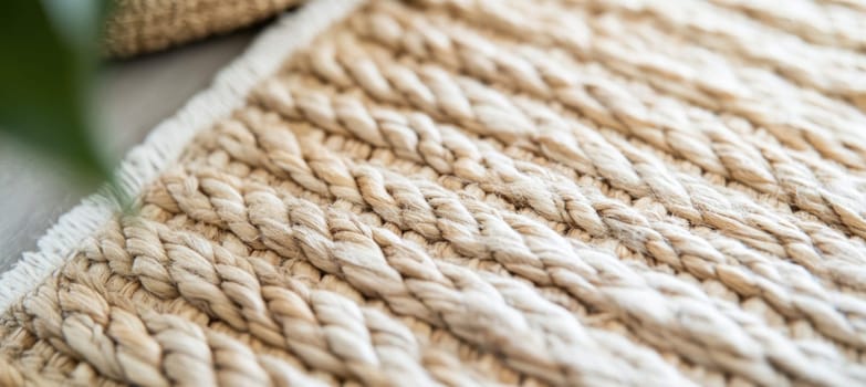Close up of a jute rug highlighting the woven texture and natural fibers, creating a warm and inviting atmosphere