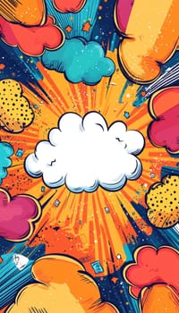 Vibrant comic-style greeting card template featuring bold colors, dynamic shapes, and speech bubbles framing an empty central space. ideal for creating personalized messages with a fun, energetic design suitable for any occasion.