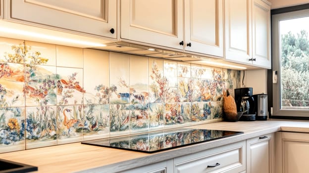 Bright modern kitchen interior showing ceramic tiles with nature landscape, induction cooker and white cabinets