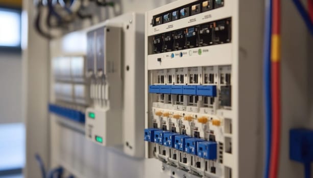 Close up of an electrical panel featuring circuit breakers, ensuring efficient power distribution within a building