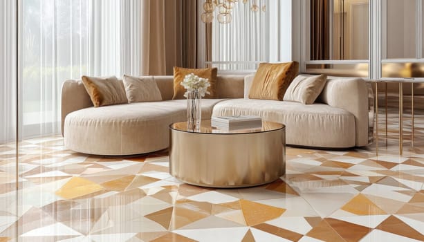 Elegant living room showcasing a modern beige sofa, golden coffee table, and stylish patterned floor, creating a luxurious and sophisticated atmosphere