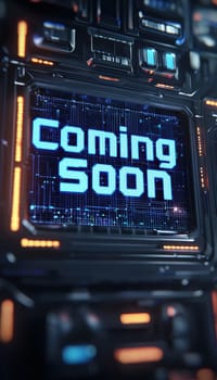 A high-tech countdown clock featuring the phrase "coming soon" displayed on a futuristic digital interface. the image is enhanced with glowing holographic elements, perfect for modern technology-themed designs and presentations.