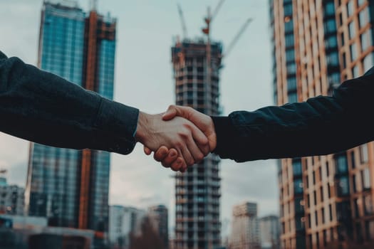 Two men shaking hands in front of a building. Scene is professional and formal