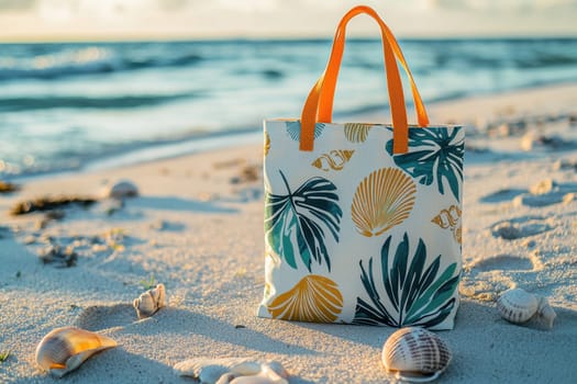 A tote bag designed with tropical patterns sits on a sandy beach near the shore. seashells and subtle footprints add to the serene atmosphere, embodying a vacation aesthetic with ocean waves gently rolling in the background.