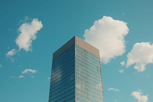 A tall building with a cloudy sky in the background. The sky is blue and the clouds are white