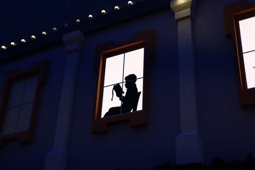 A captivating silhouette of a figure in a window during nighttime, evoking mystery and introspection.