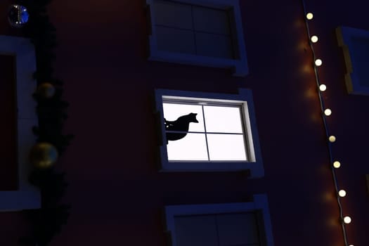 A serene and peaceful night scene showcasing a charming silhouette of a cat at a brightly illuminated window