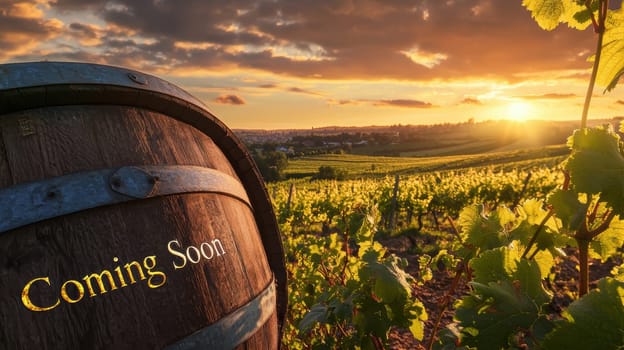 A serene vineyard at sunset features a wooden wine barrel in the foreground, engraved with "coming soon." the golden hour light bathes the landscape, creating a warm atmosphere ideal for wine-related marketing or event promotion.