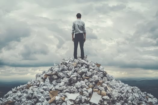 A man stands on top of a pile of paper, looking out over a cloudy sky. Concept of isolation and contemplation, as the man is alone on the mountain of paper