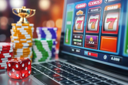 A laptop with a slot machine game on it and a pile of chips next to it. The chips are of different colors and sizes, and there is a red die on the table. Scene is that of a fun