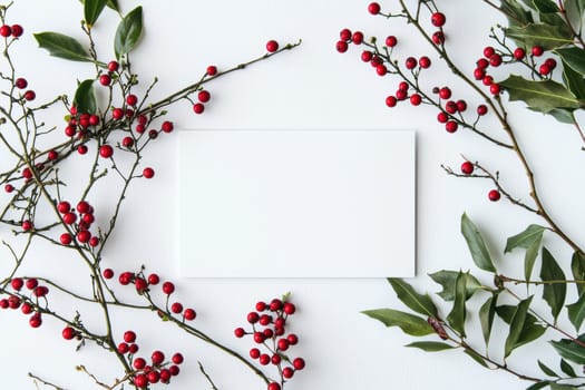 Minimalist christmas card template featuring a clean white background. it is accented with red and green holly berries surrounding a blank center, perfect for adding a personal holiday greeting. ideal for print or digital card designs.