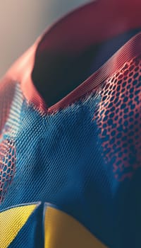 Sports jersey showcasing vibrant colors, detailed stitching, and prominent logo placement. the softly blurred background emphasizes the jersey's texture and craftsmanship, suitable for design, print, and sports branding purposes.