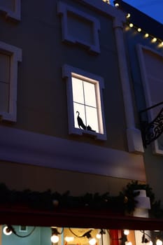 In a cozy evening setting filled with warmth, two birds are elegantly silhouetted against the soft glow of a lit window