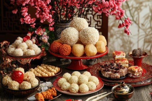 Traditional lunar new year dessert display showcasing glutinous rice cakes, sesame balls, and red festive decorations. the intricate details of the desserts highlight cultural richness and the celebratory essence of this festive season.