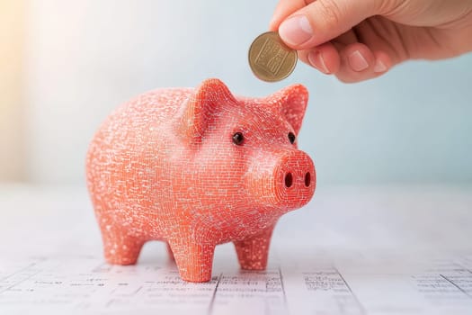 A hand is putting a coin into a red piggy bank. The piggy bank is full of coins and has a gold coin on top