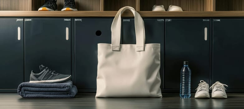 Sporty tote bag placed on a gym locker bench, surrounded by athletic shoes, a towel, and a water bottle. the sleek, modern locker design in the background complements the organized and stylish fitness theme, ideal for active lifestyles.