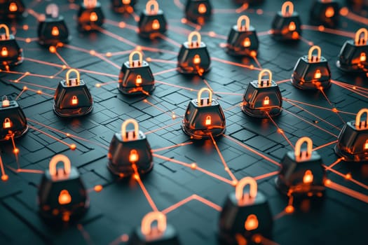 A close up of many locks with a network of lines connecting them. The locks are orange and black
