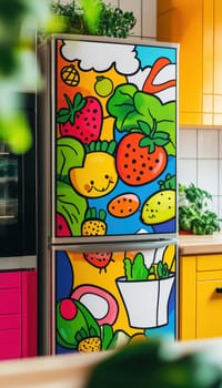 Cartoon-style illustrations of various foods adorn a fridge in a vibrant kitchen setting, enhancing the space with playful, colorful decor. featuring fruits, desserts, and beverages, this lively design infuses creativity and energy into the kitchen.