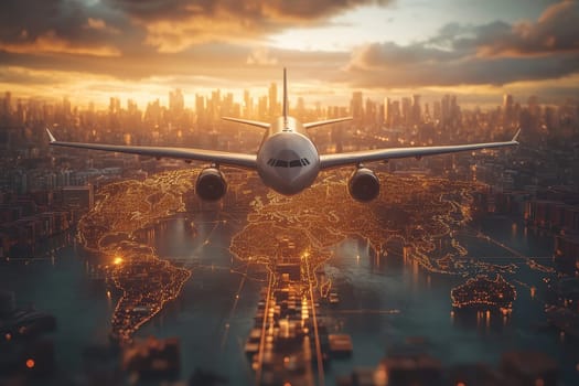 A white airplane flying over a city at night. The city is lit up with lights, creating a beautiful and serene atmosphere