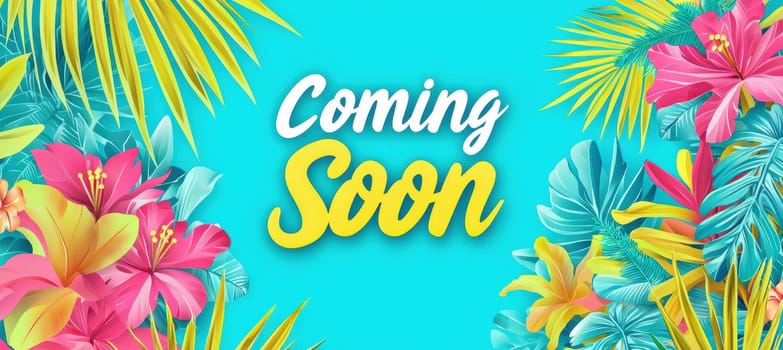 Vibrant 'coming soon' banner designed for summer events, featuring bold tropical colors like turquoise, coral, and yellow. flourishing palm leaves and beach-inspired elements add a lively, summery vibe, perfect for promotional materials.