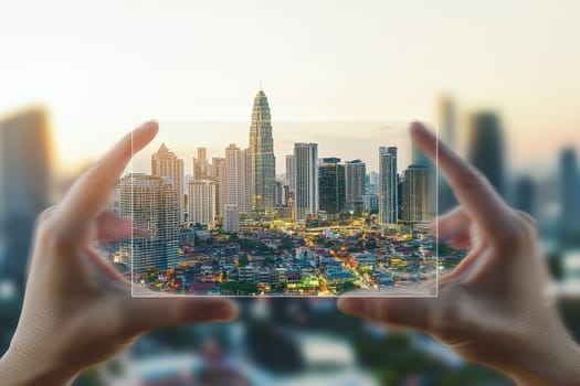 A hand is holding a glass screen that shows a city. The city is lit up at night, and the buildings are tall. Scene is one of excitement and wonder