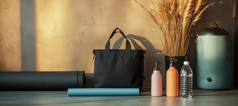 Tote bag displayed alongside yoga mats, a bottle, and dry plants, creating a gym-inspired scene. ideal for fitness enthusiasts seeking versatile gear for workouts and leisure activities in a stylish, modern setup.
